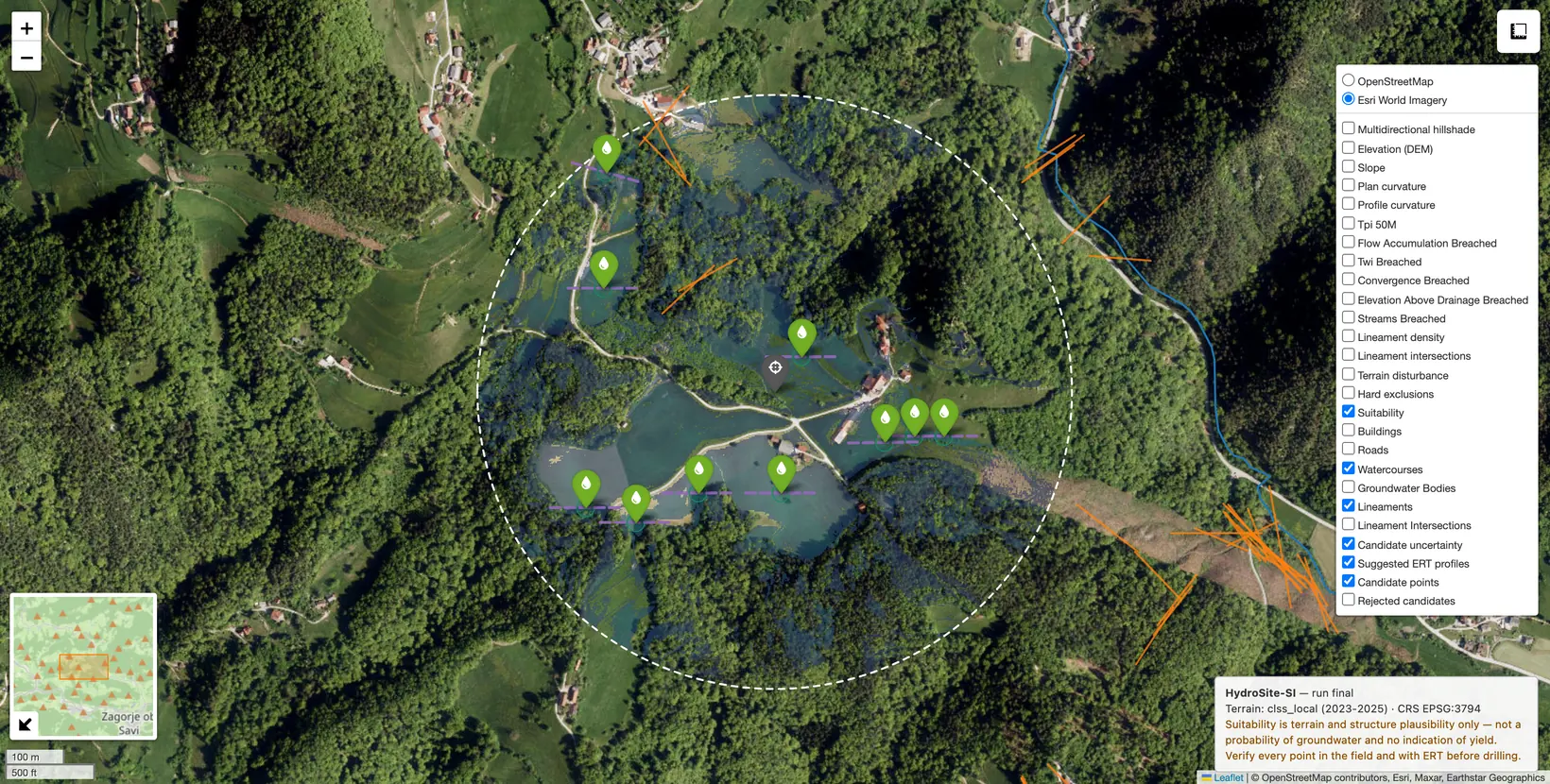Ten ranked candidate sites over satellite imagery, with the suitability surface, mapped lineaments and watercourses inside a 500 m search radius.