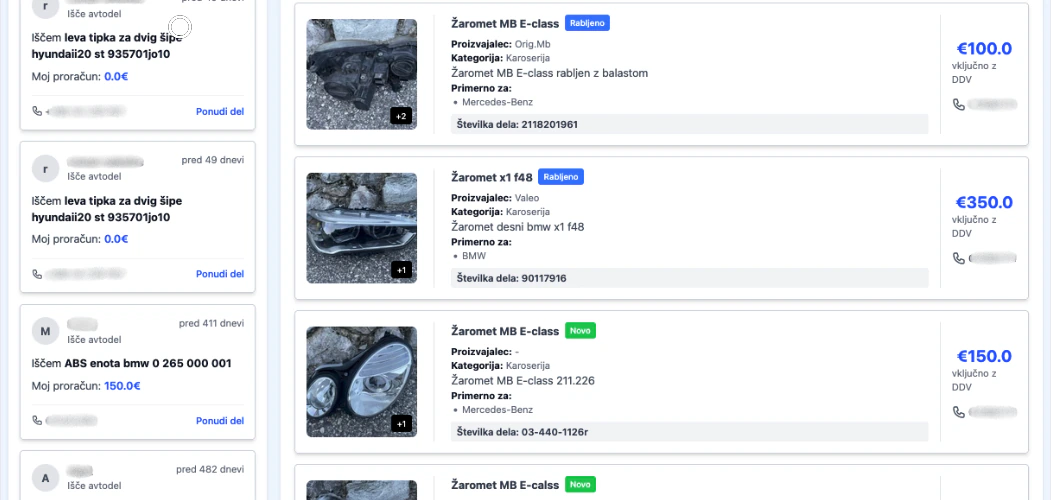Rezervnideli.net — open customer inquiries on the left, matching parts in stock with condition, price and part number on the right.